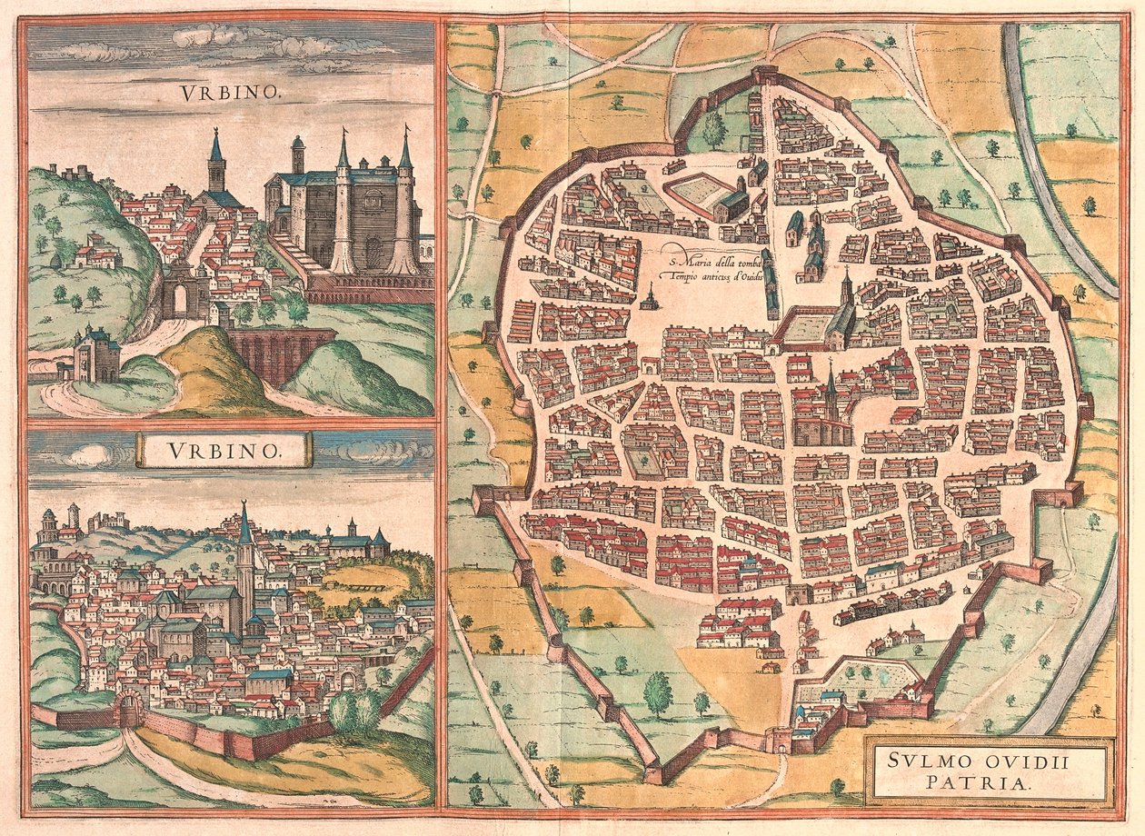 Urbino - och Sulmona, Italien (gravyr av Franz Hogenberg