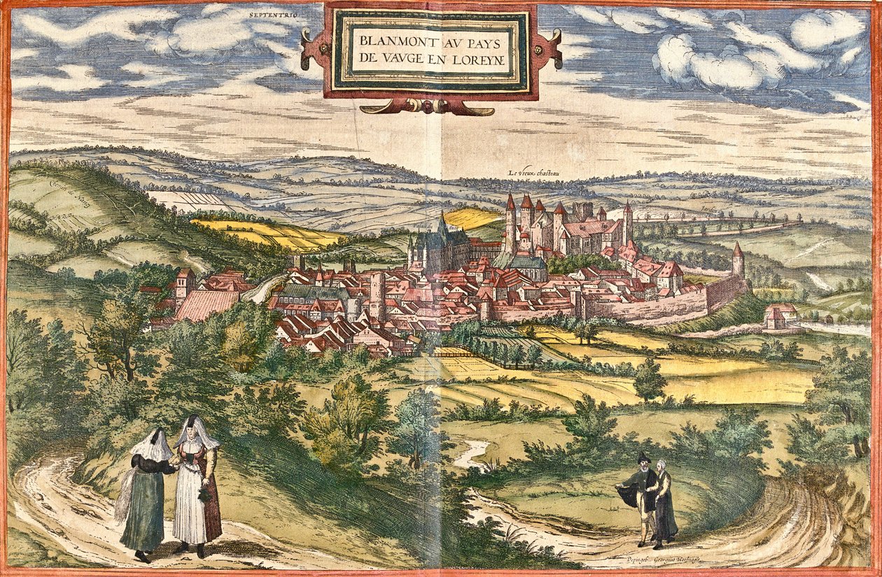 Vy över Blamont (Blanmont), Frankrike (etsning av Franz Hogenberg