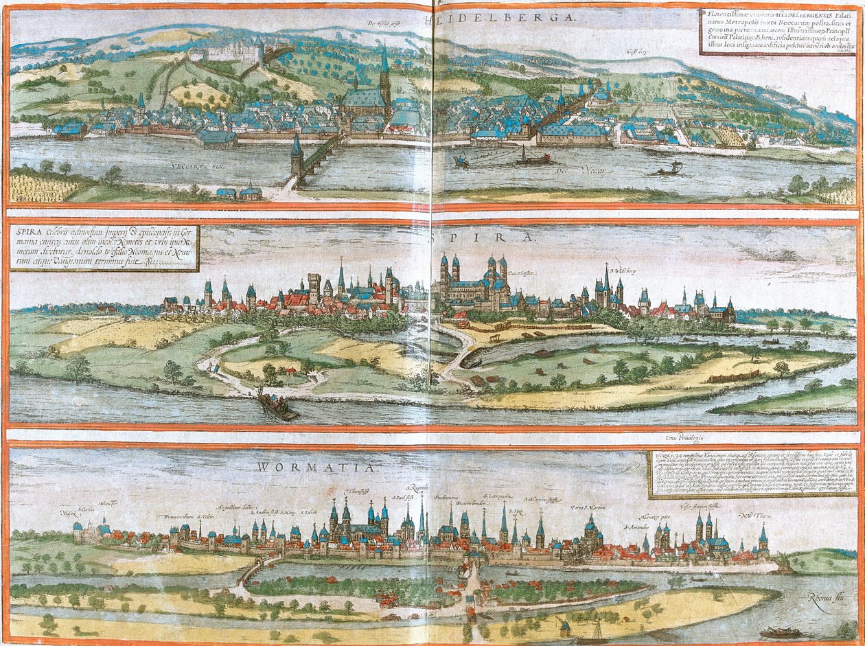 Utsikt över Heidelberg (Heidelberga), Spire (Spira) och Worms (Wormatia), Tyskland (etsning av Franz Hogenberg