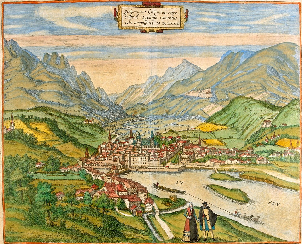 Utsikt över Innsbruck (Oenipons eller Enipontus), Österrike (etsning av Franz Hogenberg