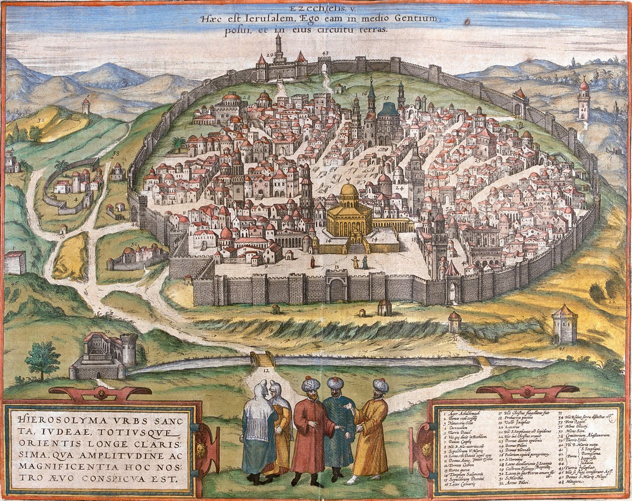 Utsikt över Jerusalem (Jerusalem), Israel (etsning av Franz Hogenberg