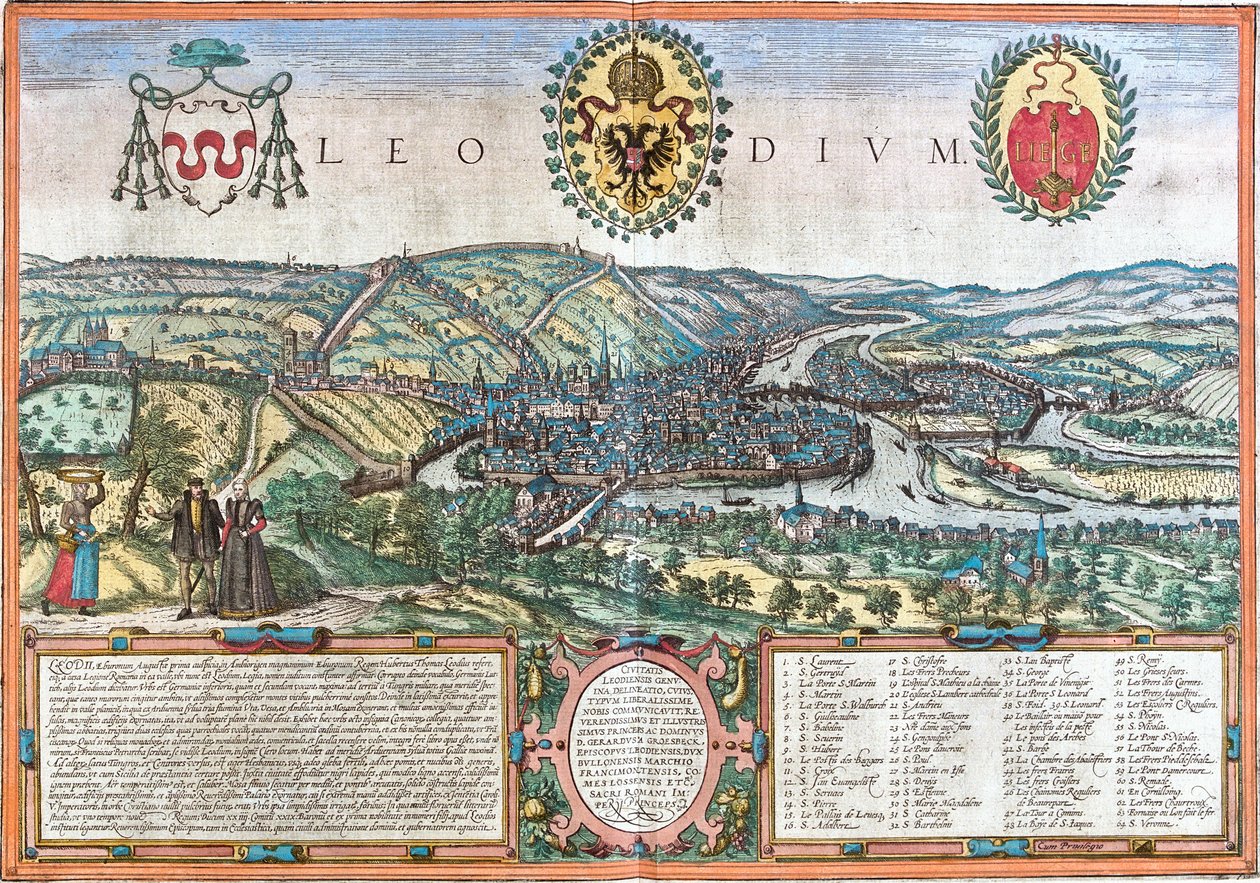 Vy över Liege (Leodium), Belgien (etsning av Franz Hogenberg