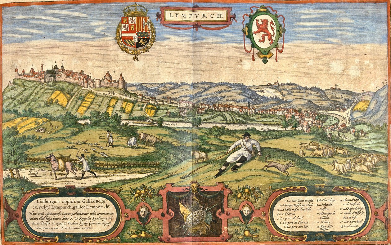 Utsikt över Limburg (Lympurch), Nederländerna (etsning av Franz Hogenberg