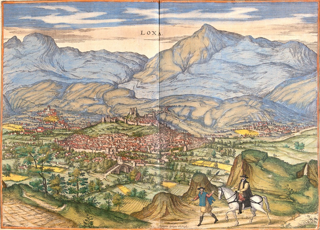 Vy över Loja (Loxa), Spanien (etsning av Franz Hogenberg