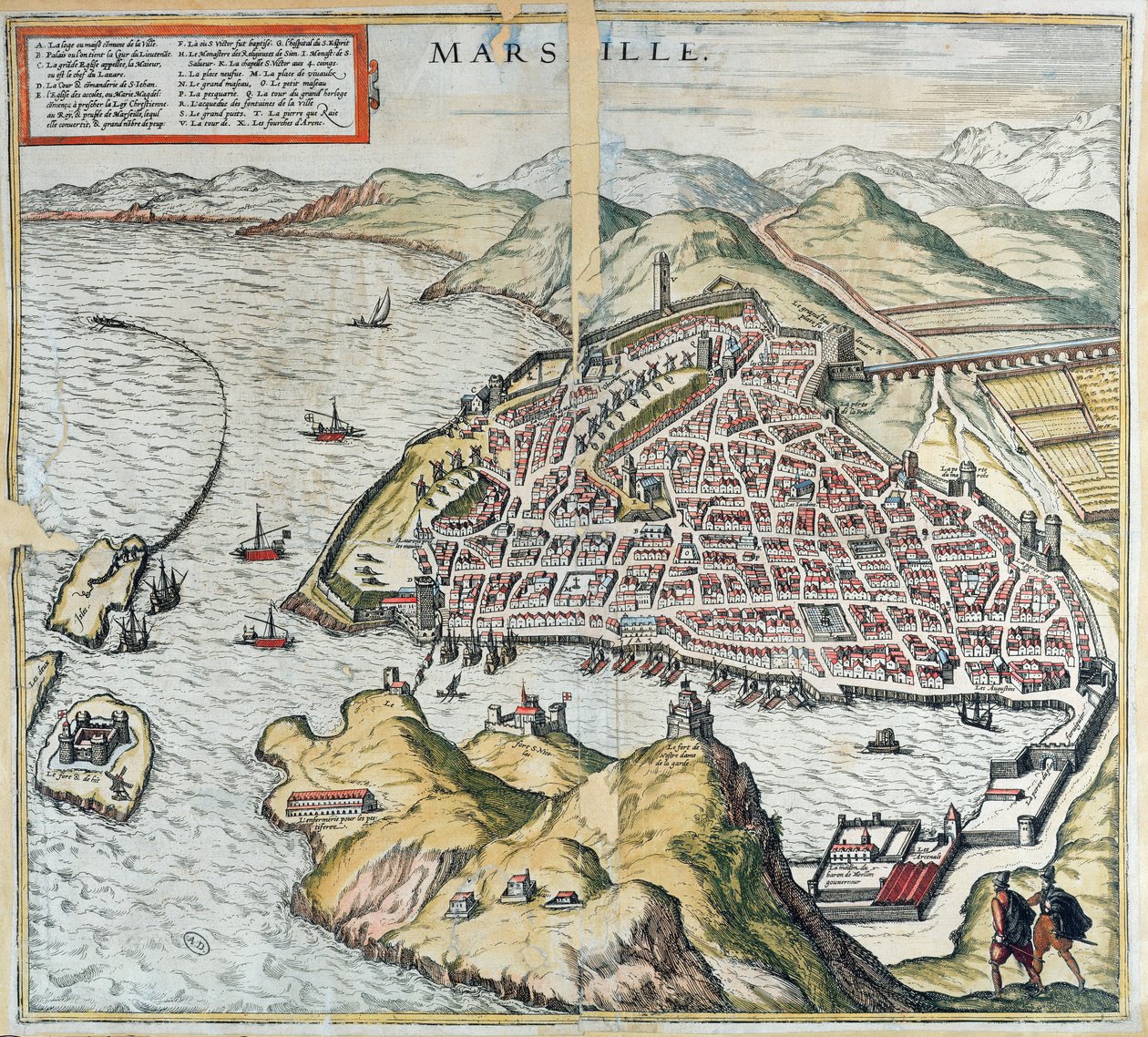 Vy över Marseille på 1500-talet, som visar sjukhuset för spetälska längst ner till vänster, från 