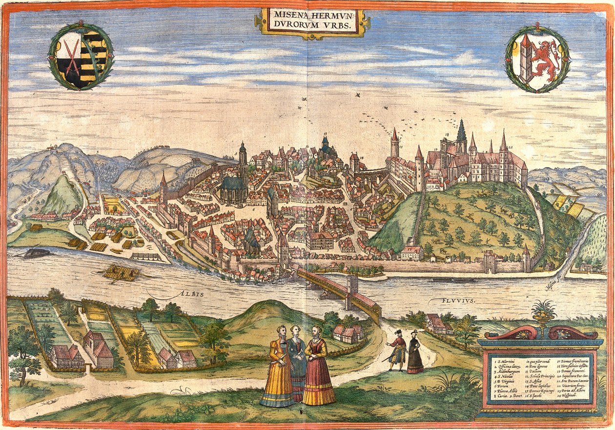 Vy över Meissen (Misena), Tyskland (etsning av Franz Hogenberg