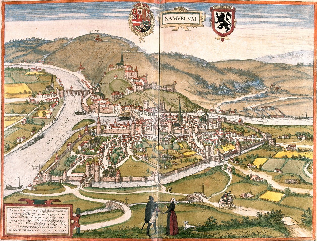 Vy över Namur (Namurum), Belgien (etsning av Franz Hogenberg