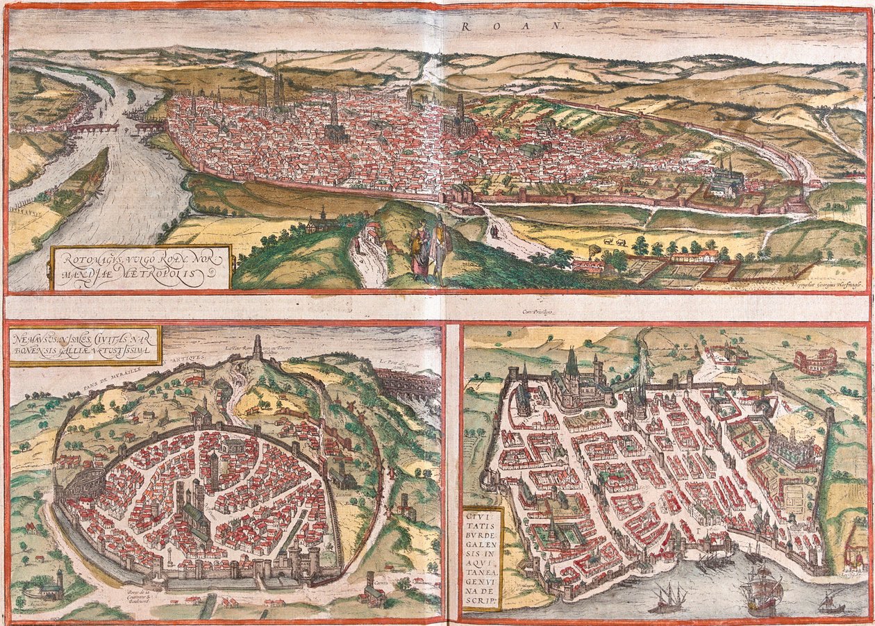 Utsikt över Rouen (Rotomagus), Nimes (Nemausus) och Bordeaux (Burdigala), Frankrike (etsning). av Franz Hogenberg