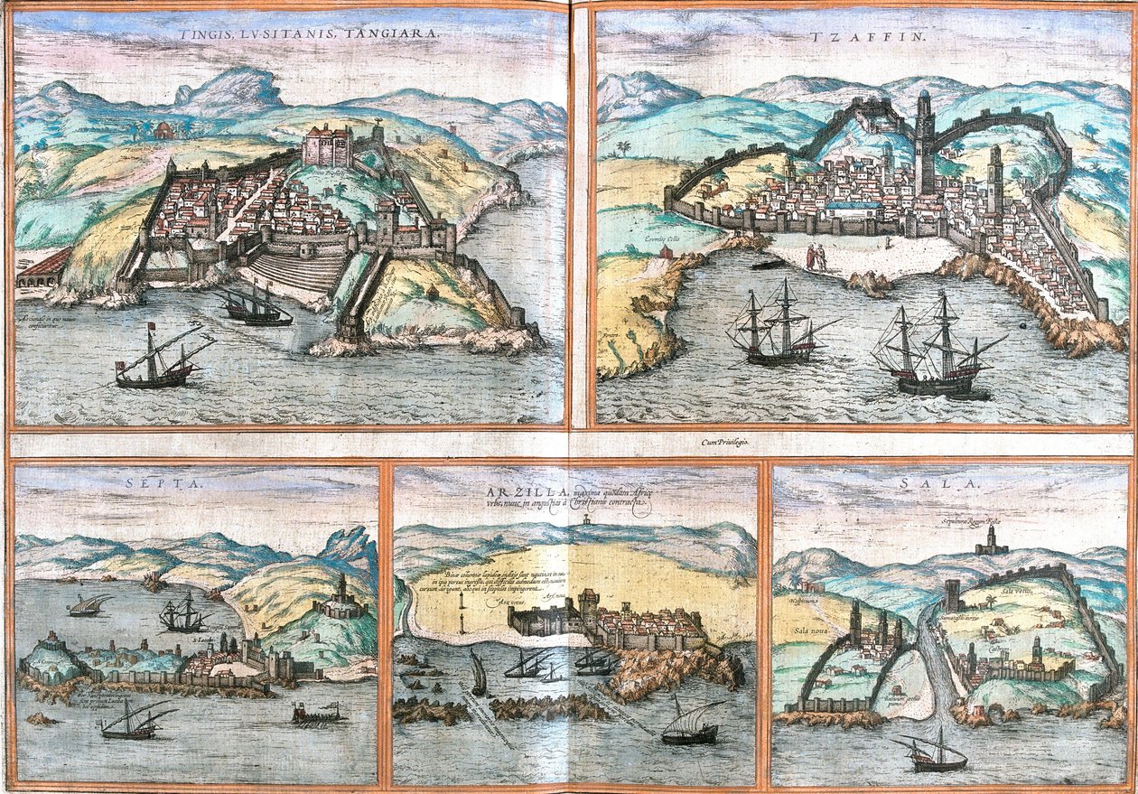 Utsikt över Tanger (Tangiara) och Safi (Tzaffin) i Marocko, Ceuta (Septa) (Spanien i Marocko), Arzila eller Asilah (Arzilla) och Sale (Sala) i Marocko (etsning av Franz Hogenberg