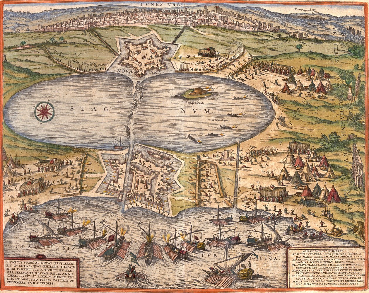 Utsikt över Tunis (Tunes), Tunisien, med fästningen Goulette (Guleta Arx) som kontrollerar tillgången till sjön Tunis och den nya fästningen (nova arx) framför stadsmuren (etsning av Franz Hogenberg