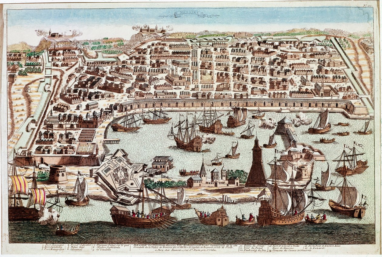 Utsikt över staden Messina på Sicilien - Gravyr av Franz Hogenberg (1535-1590) från "" Civitatis Orbis Terranum"" av Braun och Hogenberg - 1594 (Utsikt över staden Messina, Sicilien - Gravyr av Franz Hogenberg (1535-1590) ) från "" Civitatis Hobis Terran av Franz Hogenberg