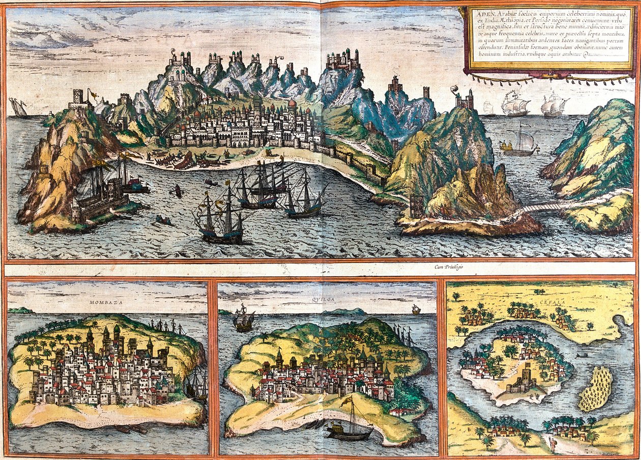 Utsikt över Aden (Jemen), Mombasa (Mombaza) (Kenya), Kilwa Kisiwani (Quiloa) (Tanzania) och Cefala Diana (Cefala) (Sicilien, Italien) (etsning av Franz Hogenberg