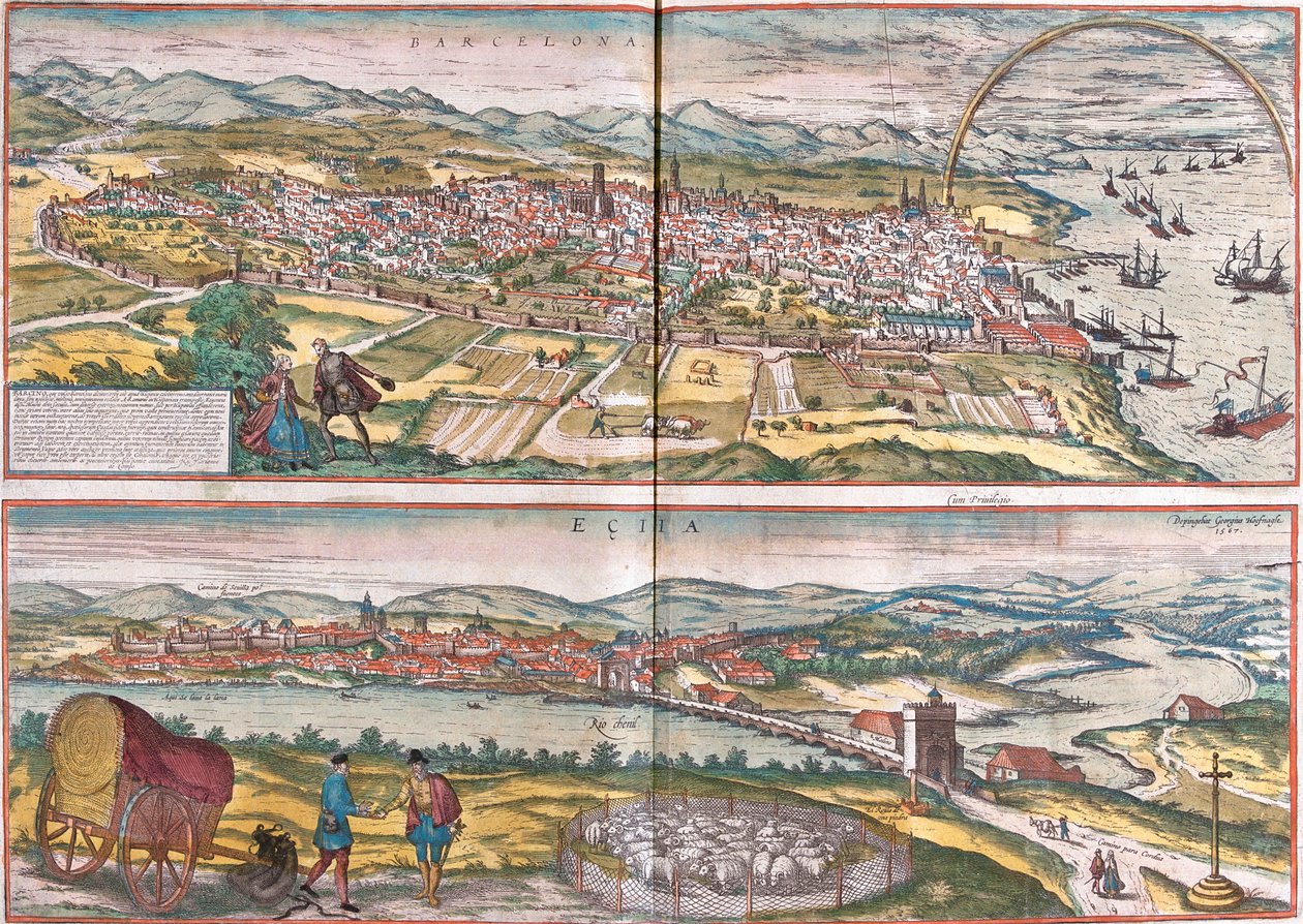 Utsikt över Barcelona och Ecija (Eciia), Spanien (etsning av Franz Hogenberg