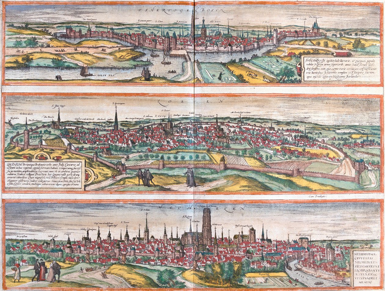 Utsikt över Bois le Duc (Buscumducis), i Nederländerna, Leuven (Lovanium) och Mechlineen (Mechlineen) i Belgien (etsning). av Franz Hogenberg