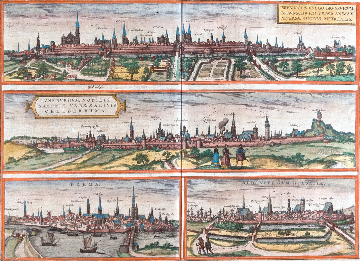 Utsikt över Brunswick (Brusvicum), Lüneburg (Loneburgum), Breme (Brema) och Oldenburg (Aldenburgum), Tyskland (etsning av Franz Hogenberg