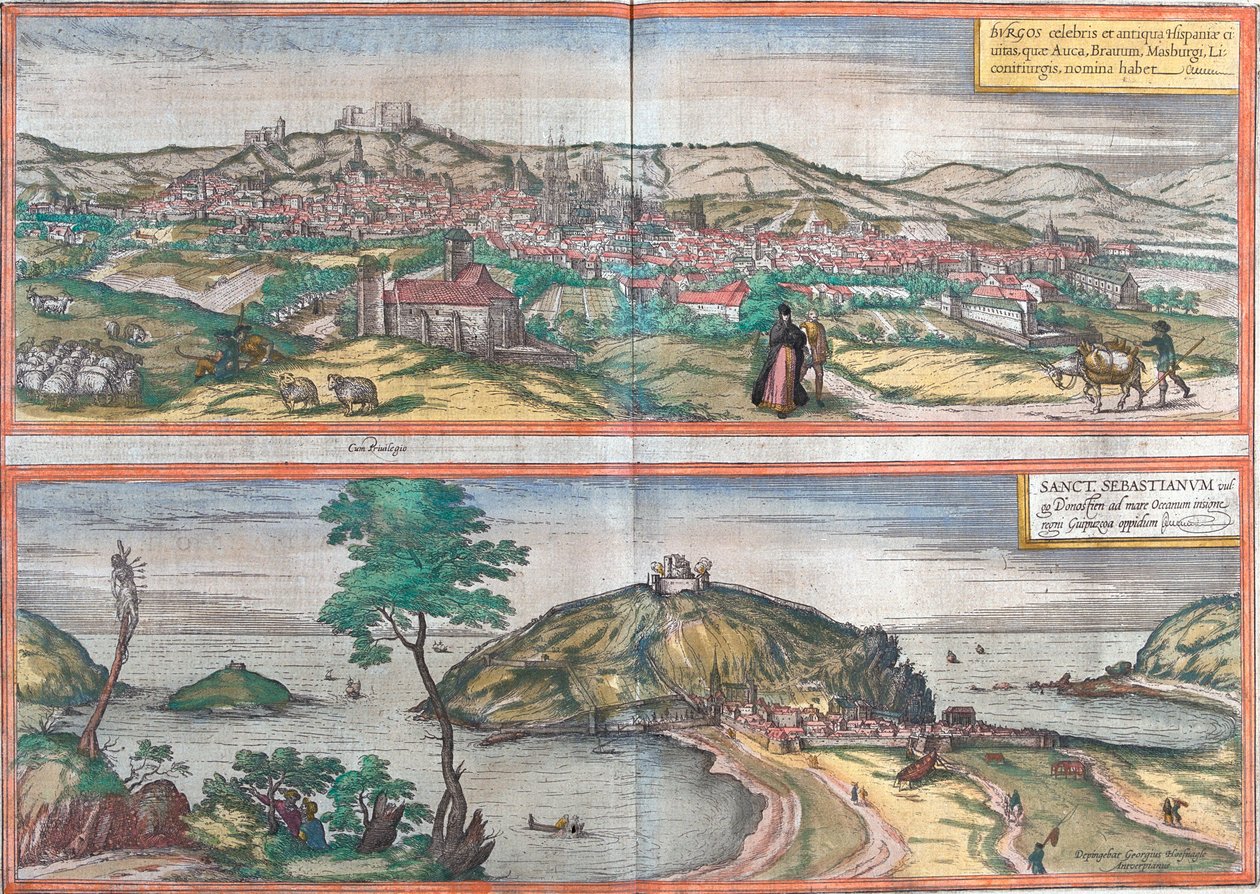 Utsikt över Burgos och San Sebastian (eller Donostia), Spanien (etsning av Franz Hogenberg