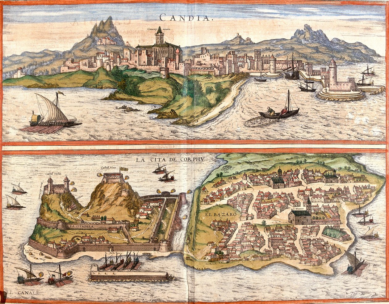 Utsikt över Candia (Candia), nuvarande Heraklion på ön Kreta och Korfu eller Corcyra (Corphu), grekisk ö (etsning av Franz Hogenberg