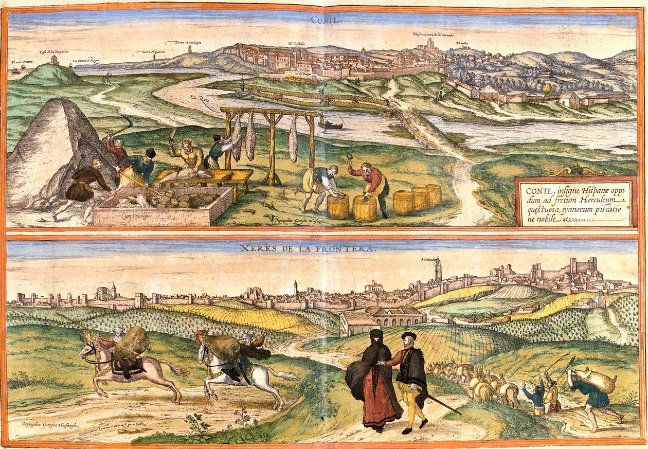 Utsikt över Conil de la Frontera (Conil) och Xeres (Xeres de la Frontera), Spanien (etsning av Franz Hogenberg