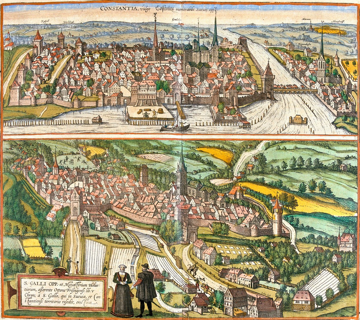 Utsikt över Constance (Contantia), Tyskland och St. Galli (S. Galli), Schweiz (etsning av Franz Hogenberg