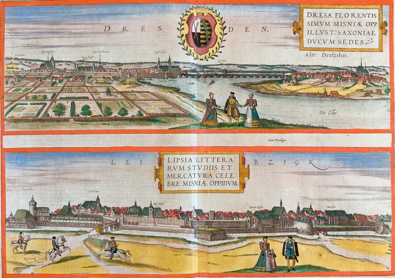 Utsikt över Dresden (Dresa) och Leipzig (Lipsia), Tyskland (etsning av Franz Hogenberg