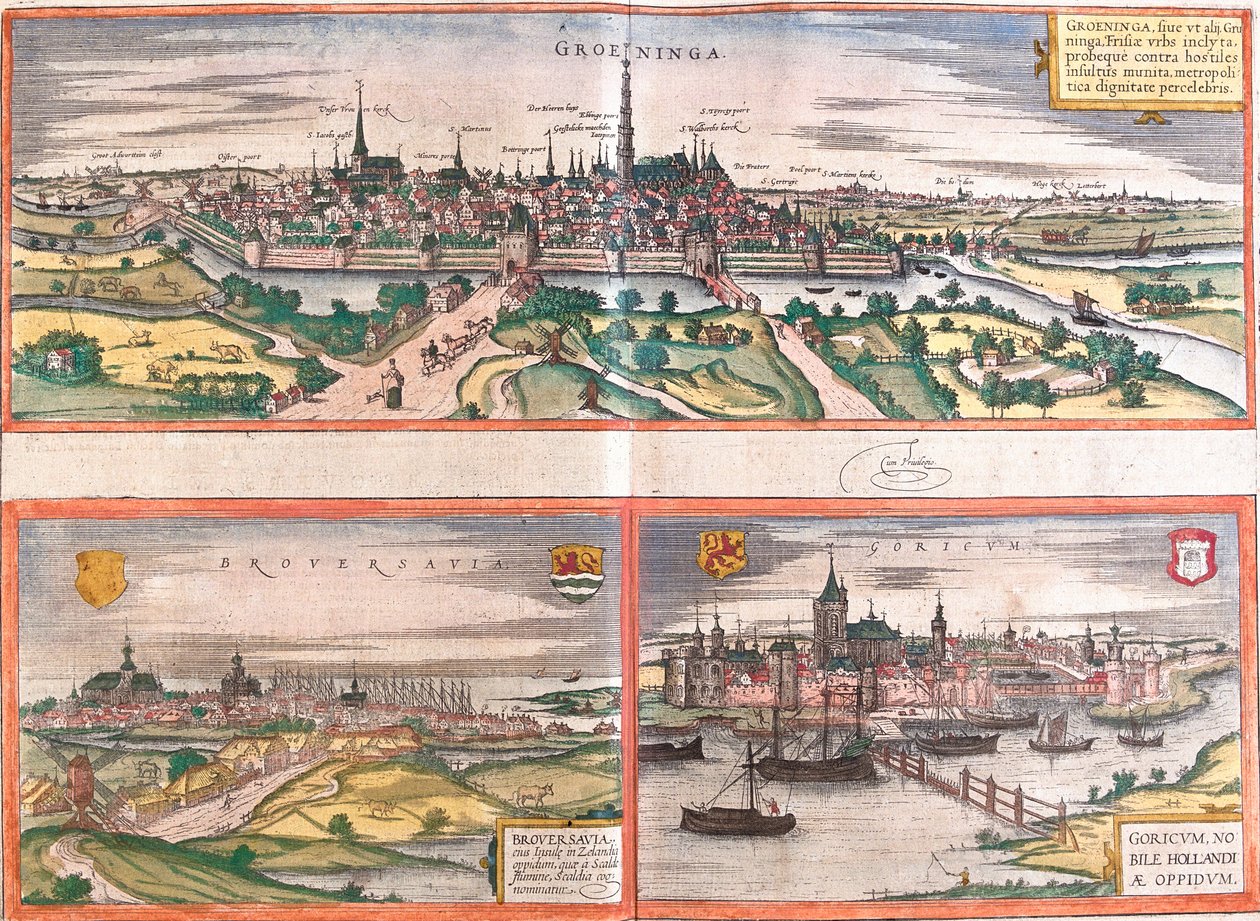 Utsikt över Groningen (Groeninga), Brouwershaven (Broversavia) och Gorinchem (Goricum), i Nederländerna (etsning av Franz Hogenberg