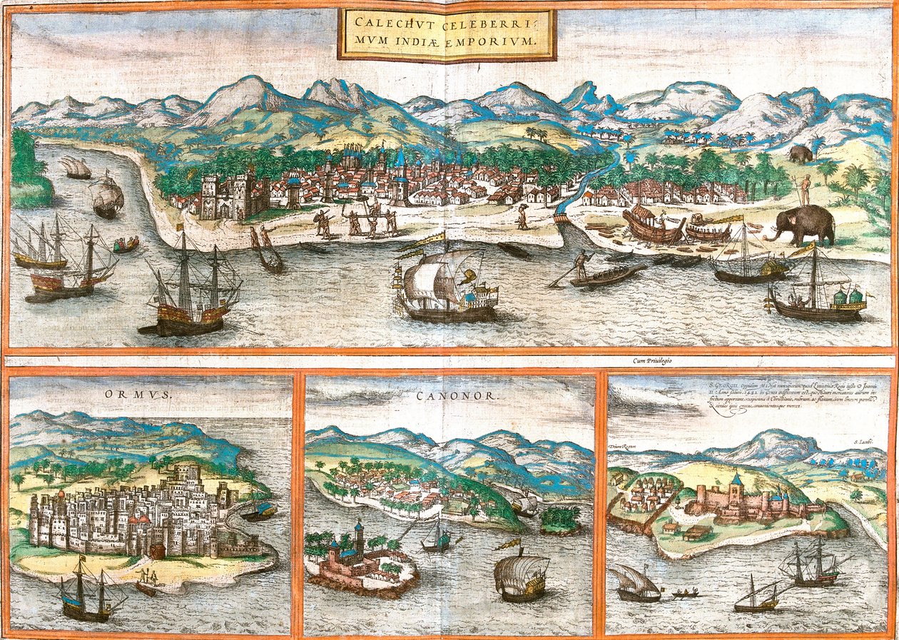 Utsikt över Kozhikode eller Calicut (Indien), Ormuz (Iran), Cannanore eller Kannur (Indien) och St. George of the Mine (S. George) eller Elmina (Ghana) (etsning av Franz Hogenberg