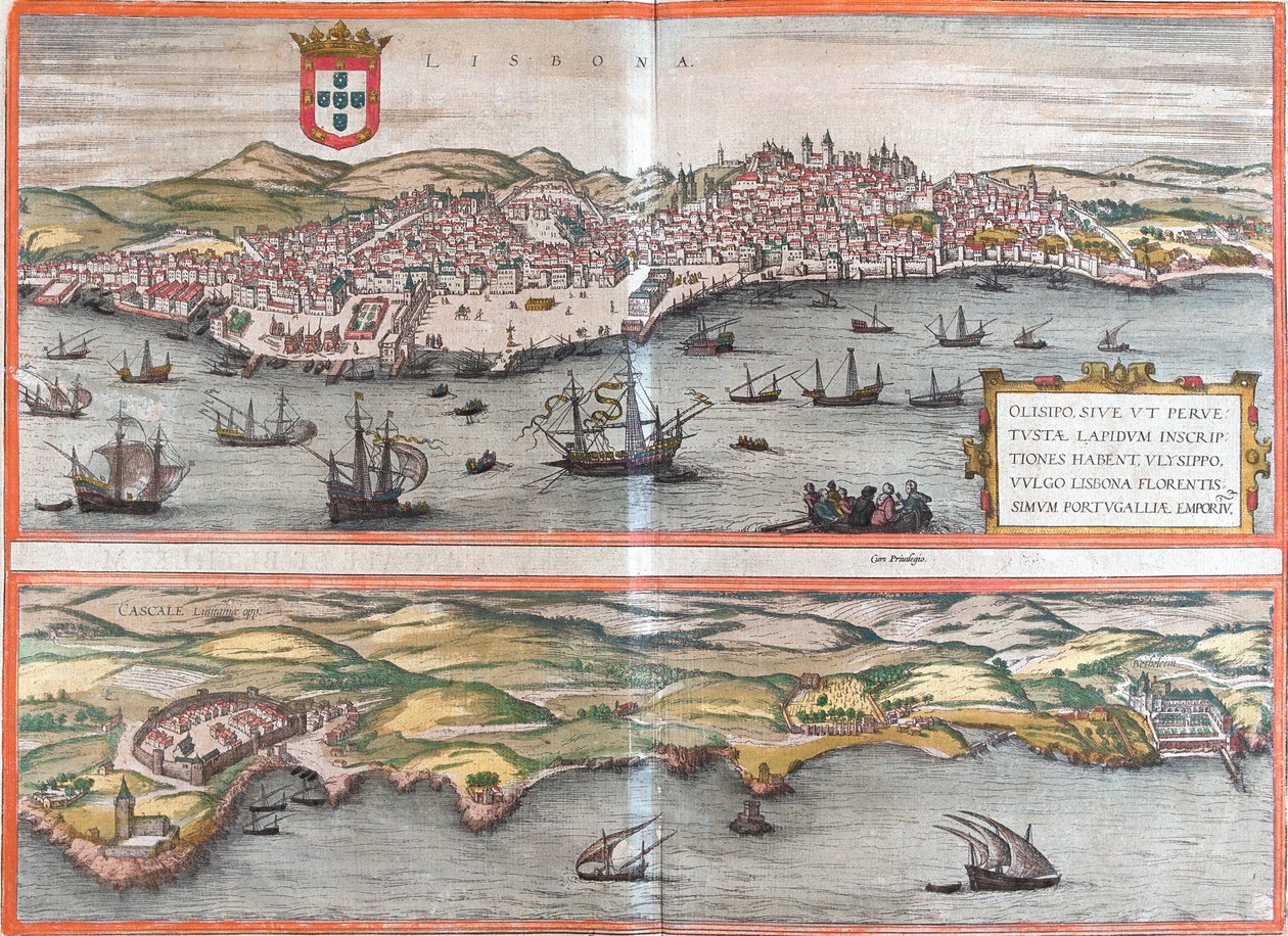 Utsikt över Lissabon och Cascais (Cascale), Portugal (etsning av Franz Hogenberg