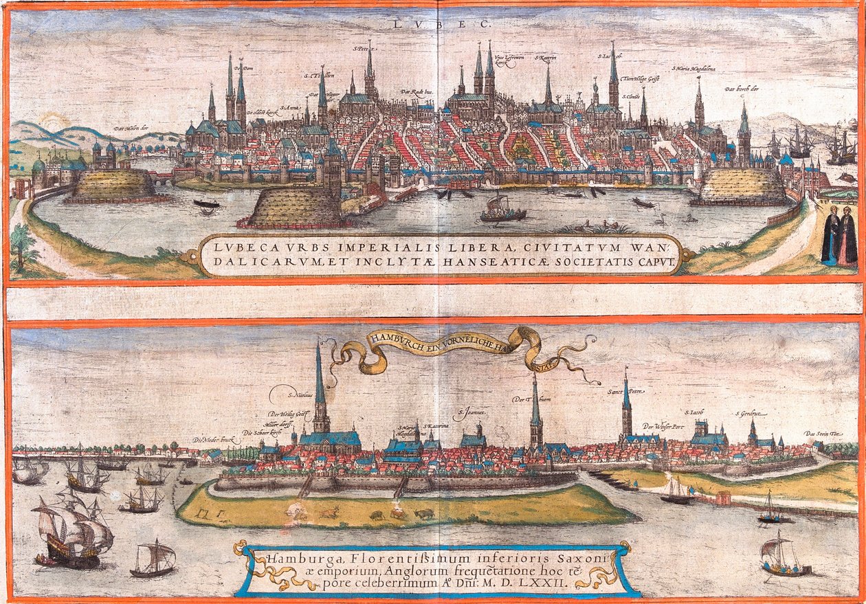 Utsikt över Lubeck (Lubeca) och Hamburg (Hamburga), Tyskland (etsning av Franz Hogenberg