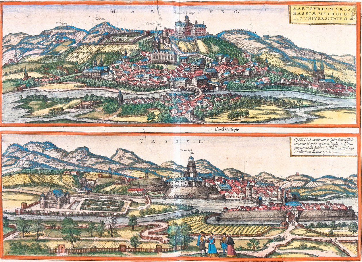 Utsikt över Marburg (Martpurgum) och Cassel (Cassila), Tyskland (etsning av Franz Hogenberg