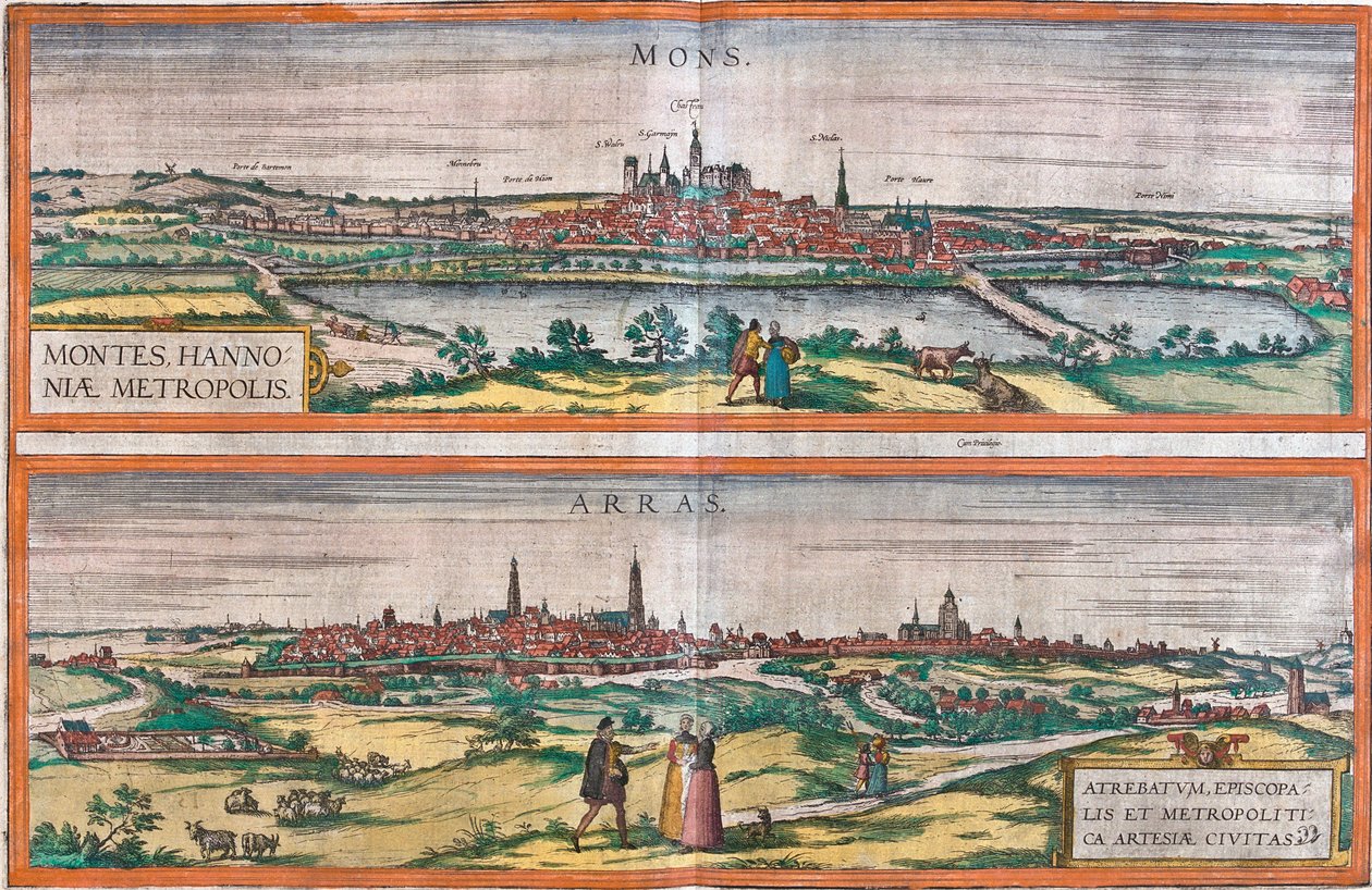 Utsikt över Mons (Montes) (Belgien) och Arras, Frankrike (etsning av Franz Hogenberg