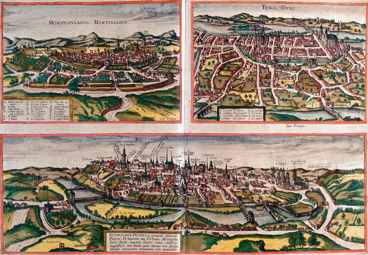 Utsikt över Montpellier (Monspessulanus), Tours (Turo) och Poitiers (Pictavis), Frankrike (etsning av Franz Hogenberg