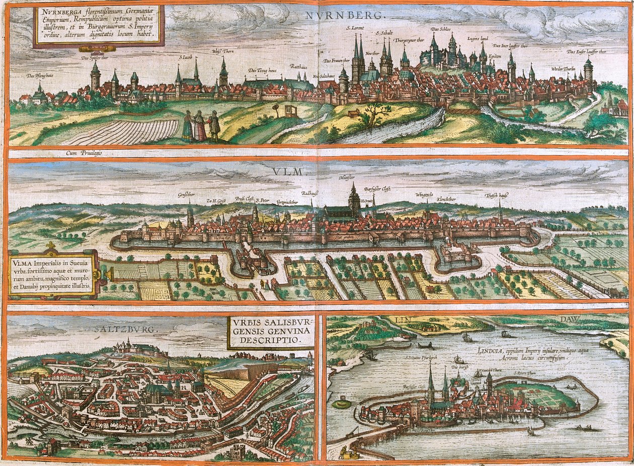 Utsikt över Nürnberg (Nurnberga), Ulm (Ulma), Lindau (Lindola), Tyskland och Salzburg (Salisburgensis) i Österrike (etsning av Franz Hogenberg