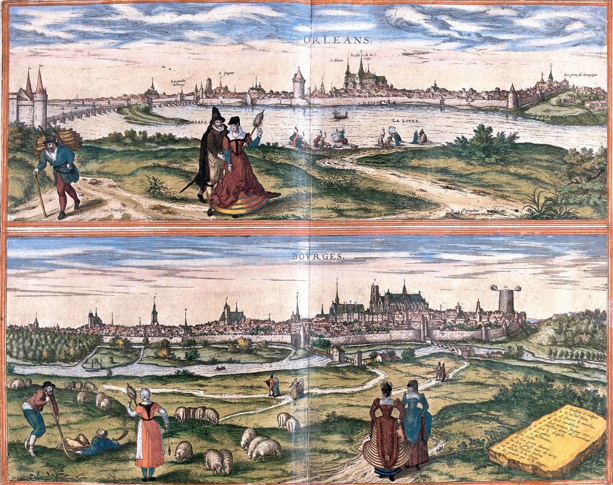 Utsikt över Orleans et Bourges, Frankrike (etsning av Franz Hogenberg