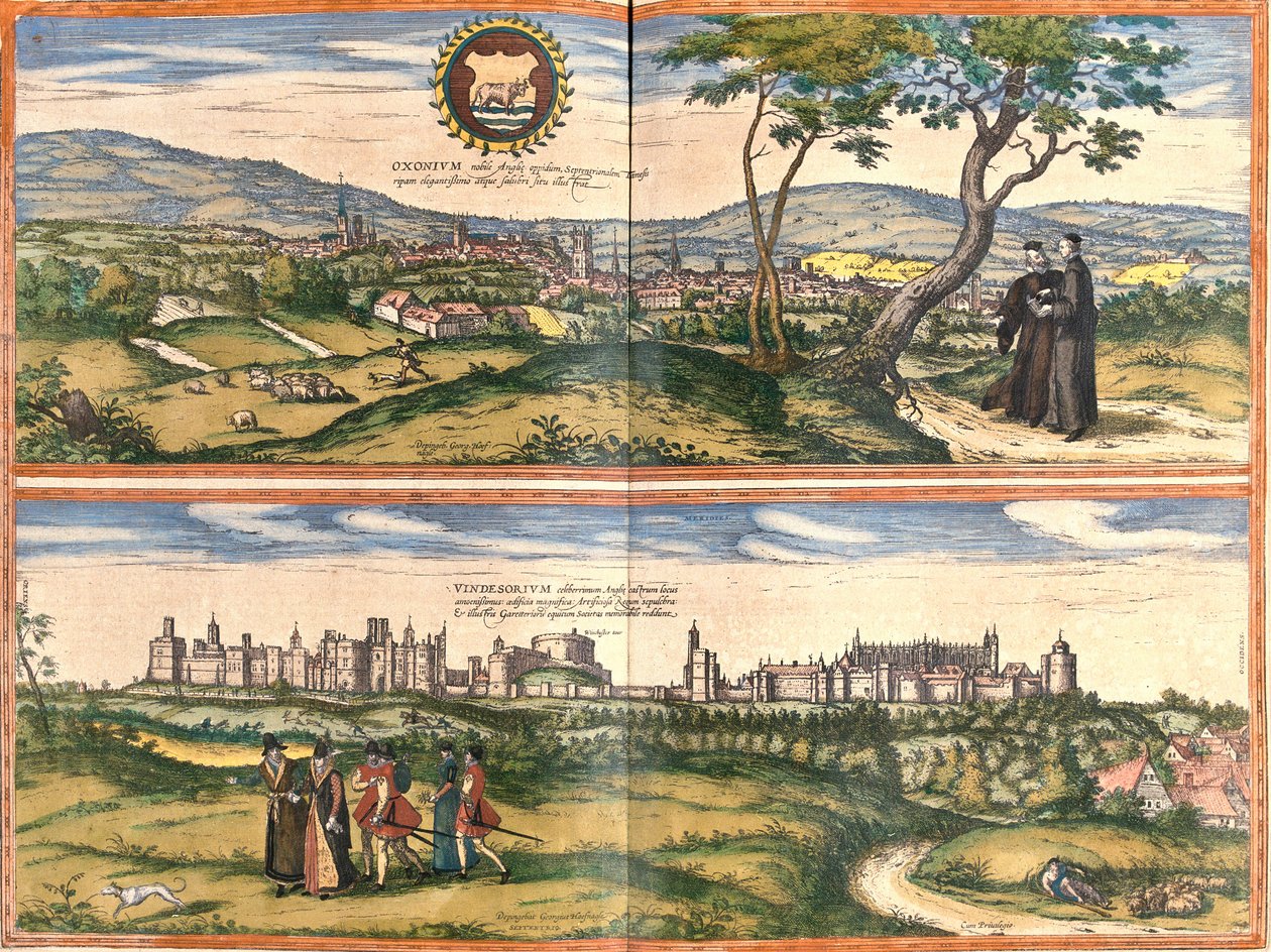 Utsikt över Oxford (Oxonium) och Windsor (Vindesorium), England (etsning av Franz Hogenberg