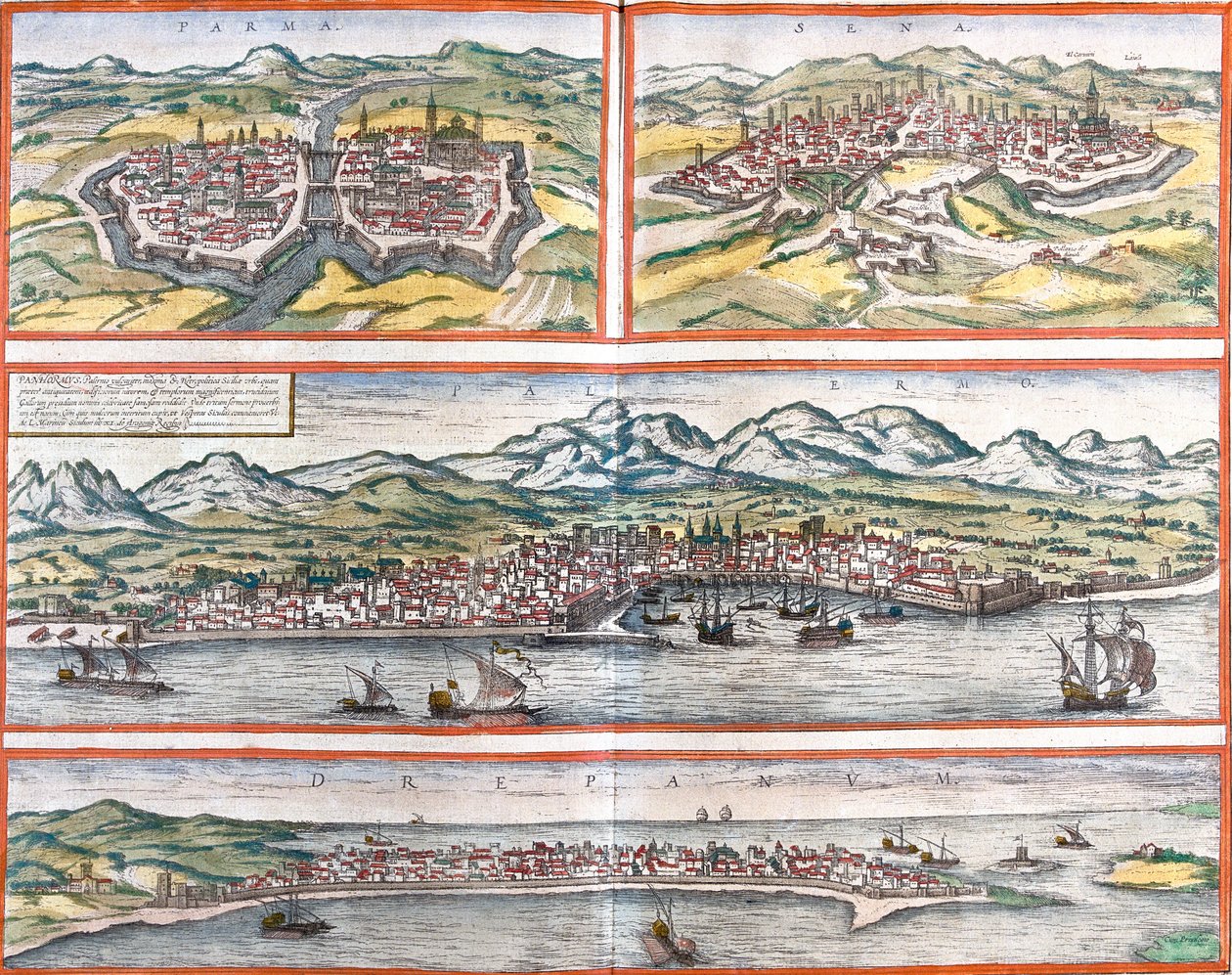 Utsikt över Parma (Parma), Siena (Sena), Palermo (Panhormus) och Trapani (Drepanum) (Sicilien), Italien (etsning av Franz Hogenberg