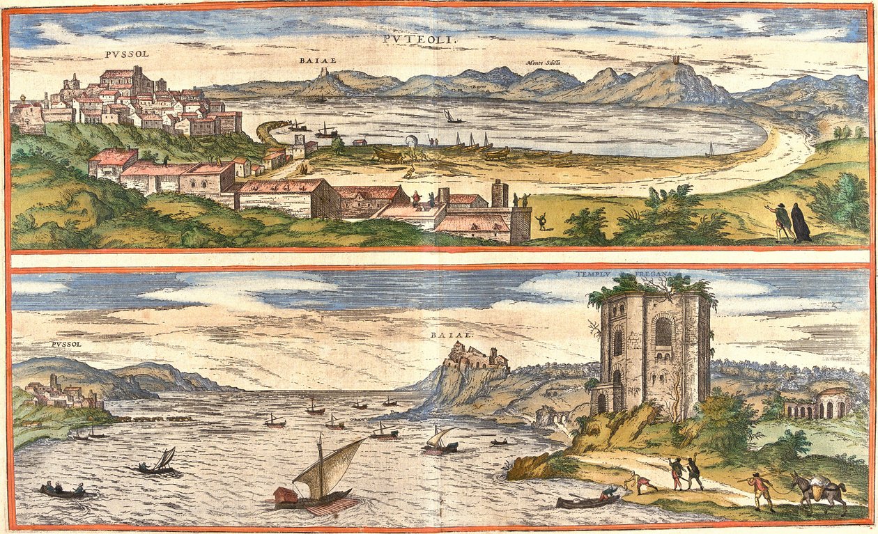 Utsikt över Pozzoli (Puteoli) och bukter (Baiae) (nuvarande Baia), Italien, med de gamla lämningarna av termalbaden i Neapelbukten och en fästning (etsning av Franz Hogenberg