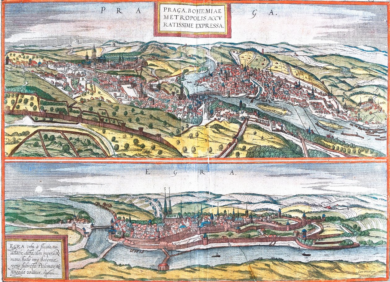 Utsikt över Prag (Praga) och Egra, Tjeckien (etsning av Franz Hogenberg