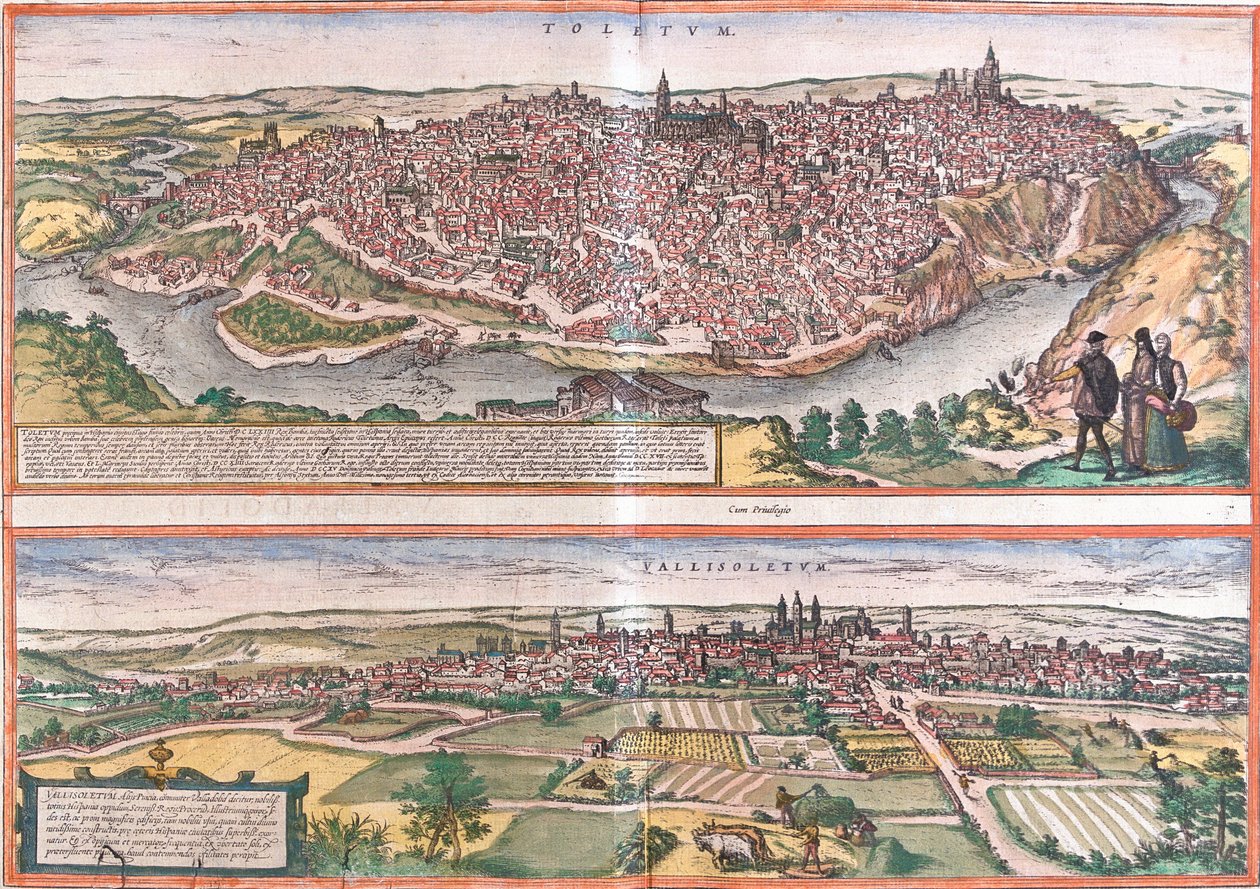 Utsikt över Toledo och Valladolid (Vallisoletum), Spanien (etsning av Franz Hogenberg