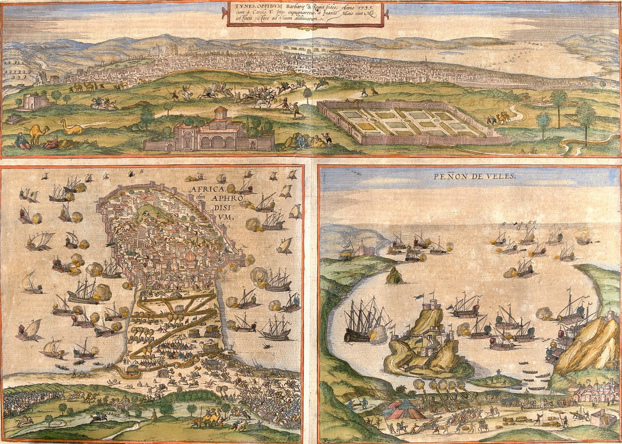 Utsikt över Tunis (Tunes) och Mahdia (Aphrodisium) i Tunisien, och Penon de Velez de la Gomera eller Badis (Bades) (Penon de Veles), penon de Veles, omtvistad mellan Spanien och Marocko (etsning). av Franz Hogenberg