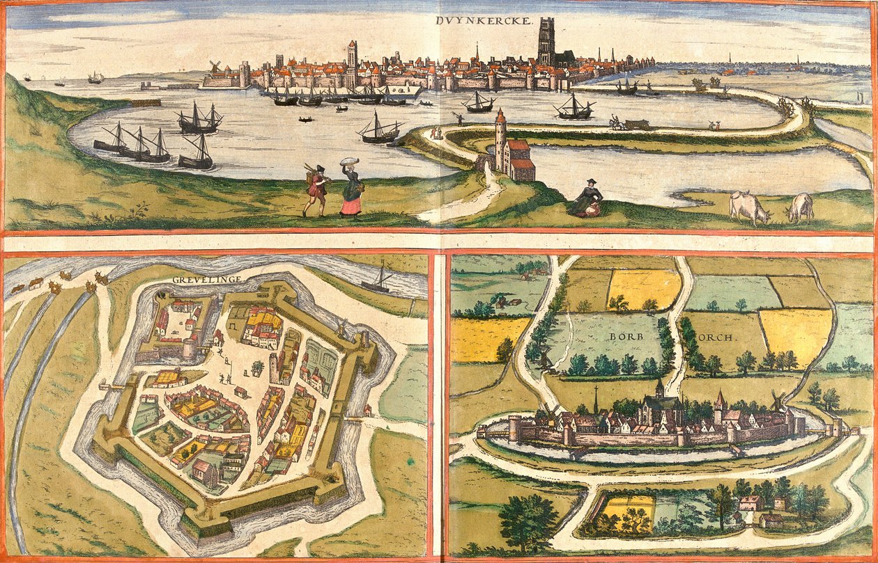 Utsikt över Dunkerque (Duynkercke), Gravelines (Grevelinge) och Bourbourg (Borborch), Frankrike (etsning av Franz Hogenberg