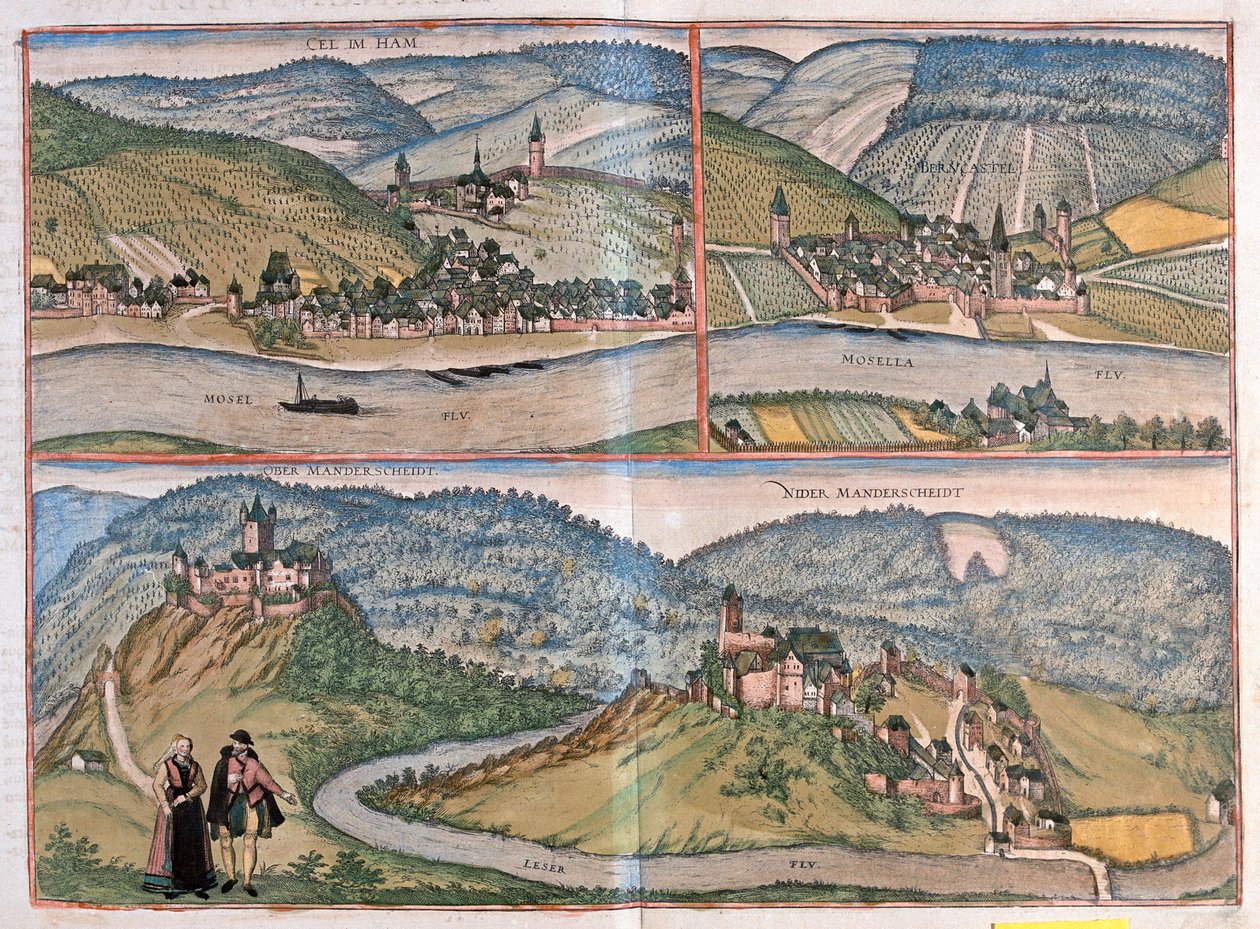 Zell an der Mosel, Bernkastel-Kues, Manderscheid, Tyskland (gravyr av Franz Hogenberg