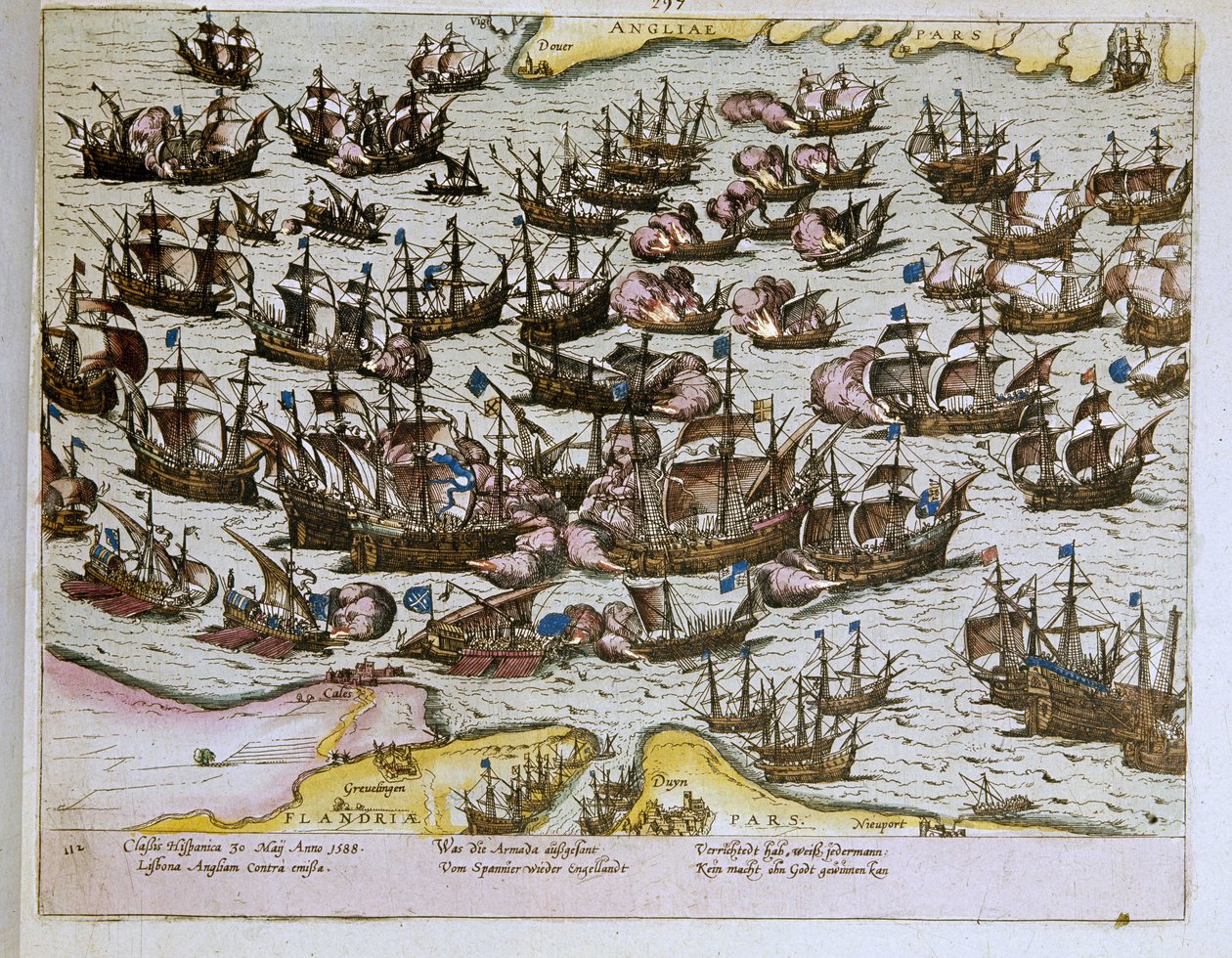 nederlaget för den osynliga spanska armadan vid de engelska stränderna 1588-08-08, illustration från 1653 (gravyr) av Franz Hogenberg