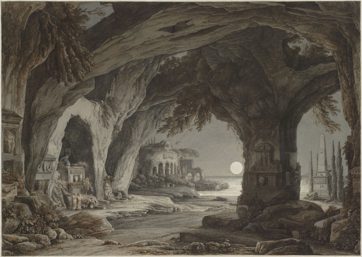 Idealiskt landskap med klippgrotta, gravar och ruiner i månskenet, ca. 1790. av Franz Innocenz Josef Kobell