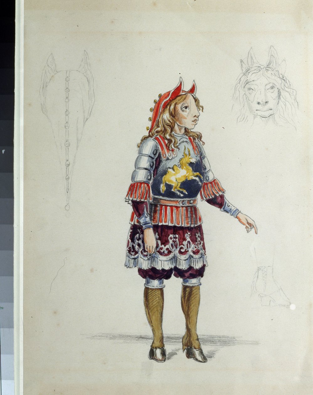 Kostymdesign för baletten ""Le petit cheval puckelrygg"" av Cesare Pugni (1802-1870) (Dräktdesign för baletten Den lilla puckelryggade hästen av C. Pugni). Den lilla hästen. Verk av Franz Iosifovich Nordmark, penna och akvarell på papper av Franz Iosifovich Nordmark