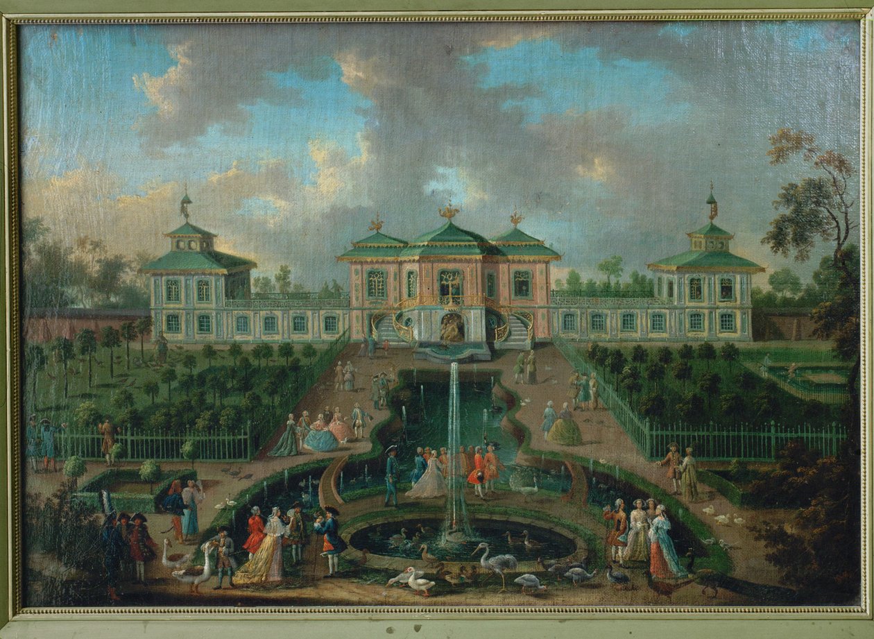 Hovlivet i parken vid Augustusburgs slott runt det indiska huset, vy från väster ... av Franz Jakob Rousseau