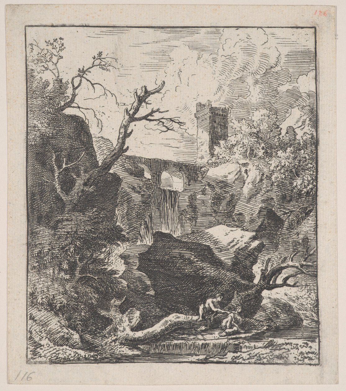 Plåt 2: två figurer som sitter på en trädstam på stranden av en bäck i förgrunden,..., ca. 1700-25. av Franz Joachim Beich