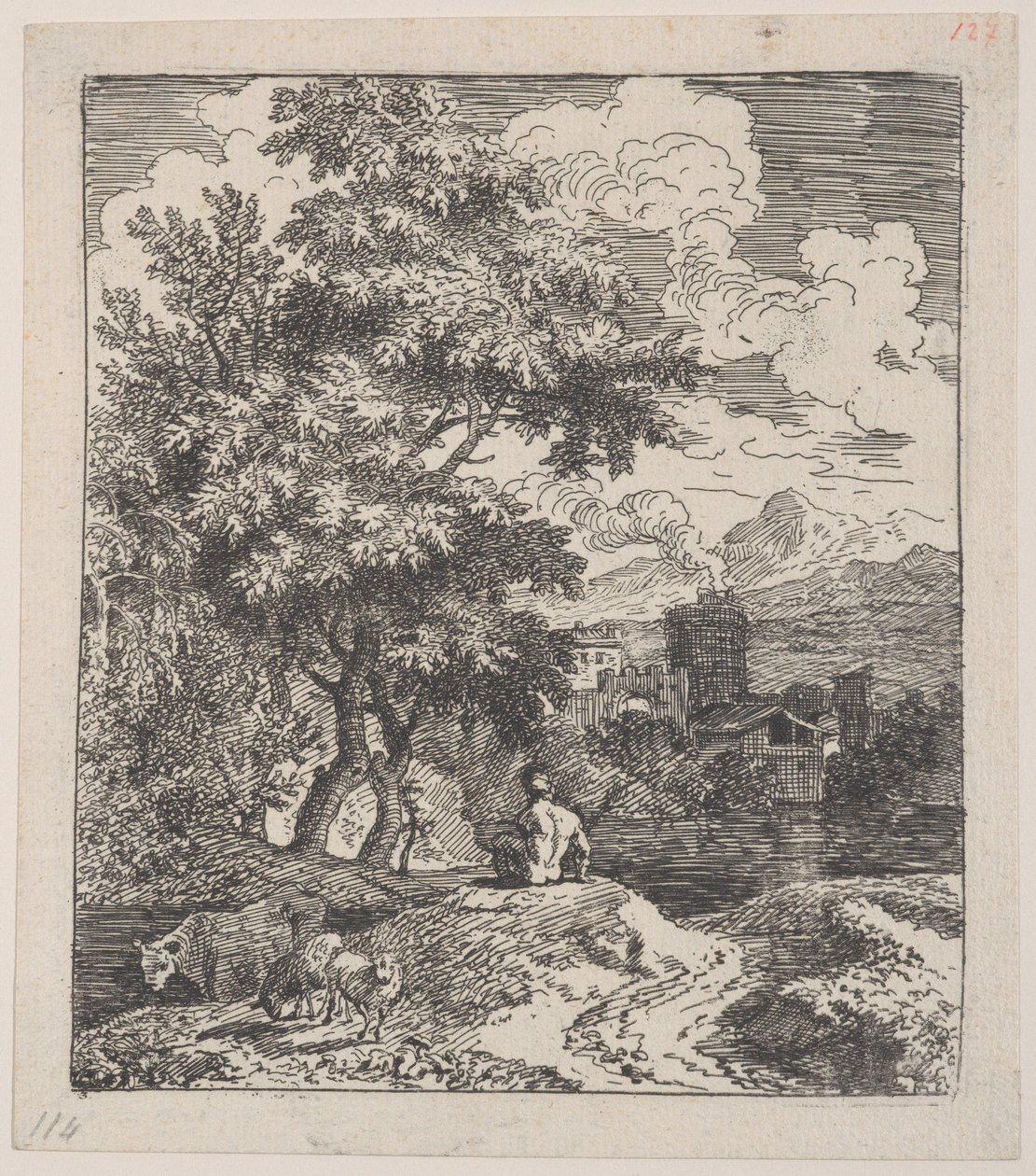 Plåt 3: en herde som sitter på en kulle, en ko och två får till vänster, och en stad i ri..., ca. 1700-25. av Franz Joachim Beich
