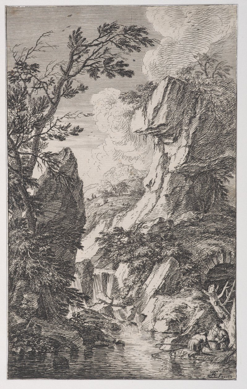 Plåt 4: två fiskare på stranden av en bäck till höger, ett vattenfall i mitten, från..., ca. 1700-25. av Franz Joachim Beich