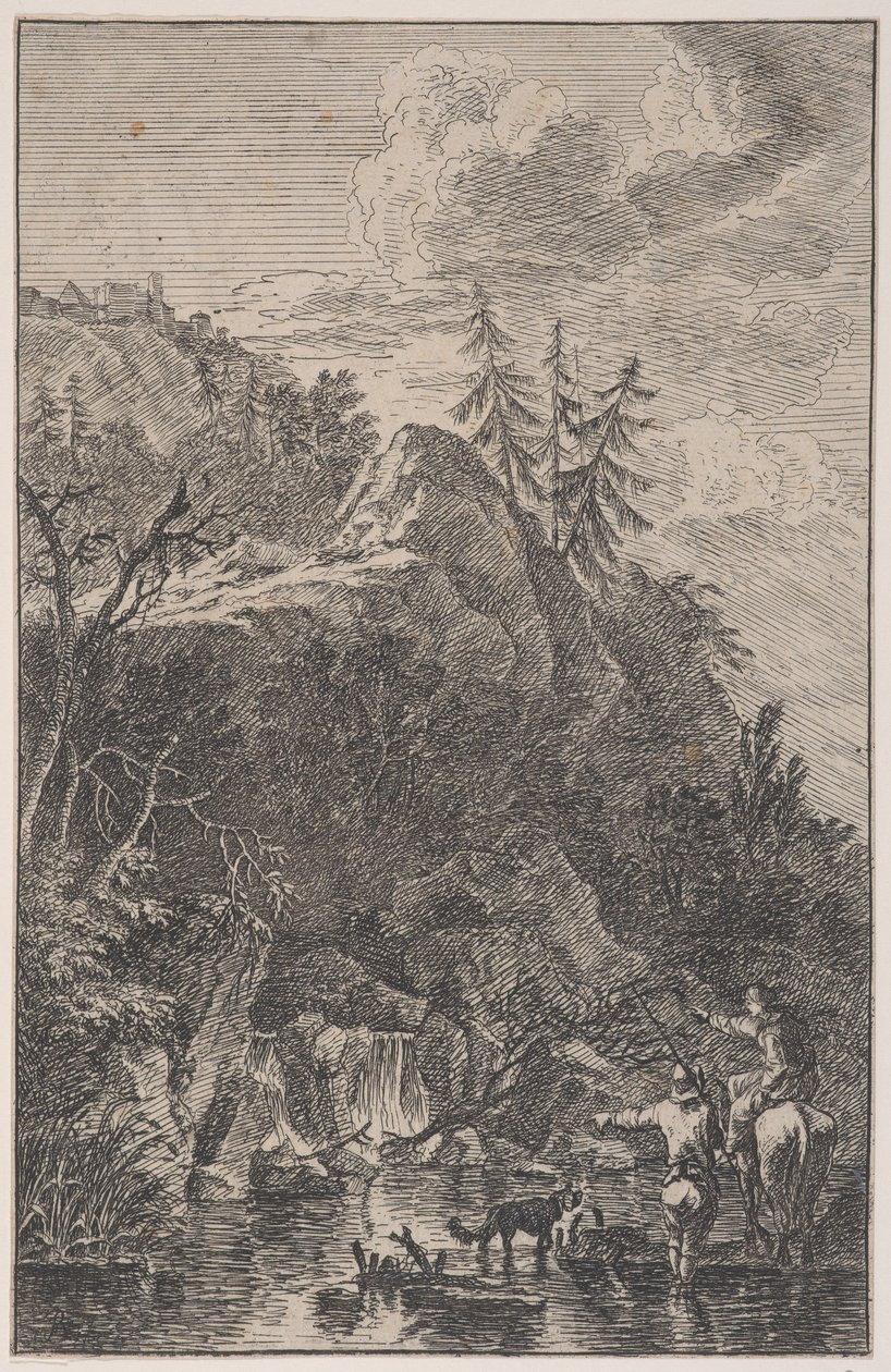 Plåt 5: kvinnlig figur till häst och en mansfigur med en hund stående i en str..., ca. 1700-25. av Franz Joachim Beich