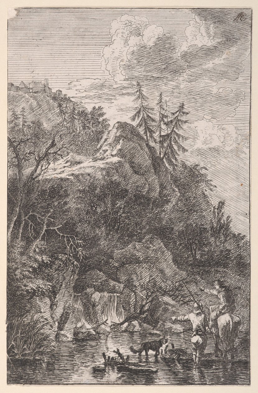 Plåt 5: kvinnlig figur till häst och en mansfigur med en hund stående i en str..., ca. 1700-25. av Franz Joachim Beich